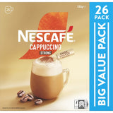 Nescafe Strong Cappuccino sachets pack of 26, featuring robust flavor, creamy froth, and sustainable sourcing.