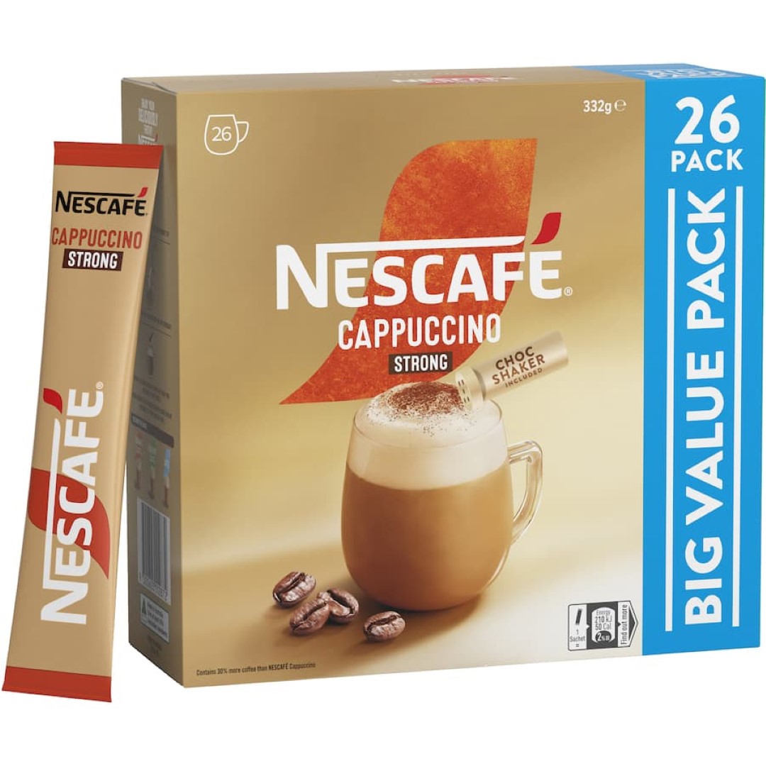 Nescafe Strong Cappuccino sachets pack of 26, offering rich coffee and creamy froth for a cafe-style experience at home.