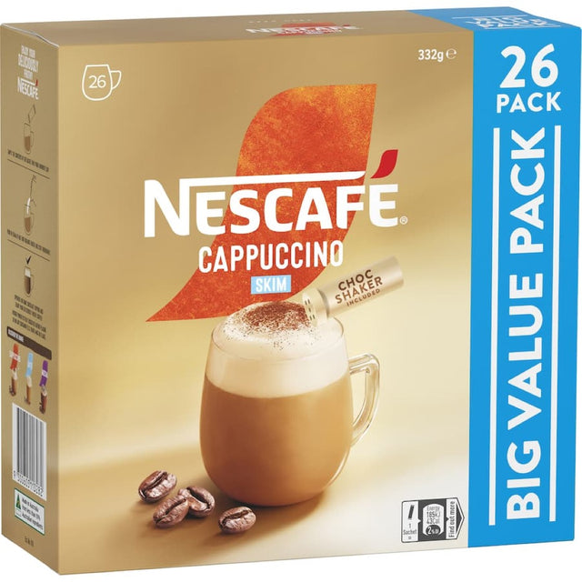 Nescafe Skim Cappuccino sachets in a 26-pack, featuring creamy froth and rich coffee flavor for quick and easy preparation.