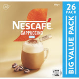 Nescafe Skim Cappuccino sachets with creamy froth and rich flavor, 26-pack, perfect for quick coffee indulgence.