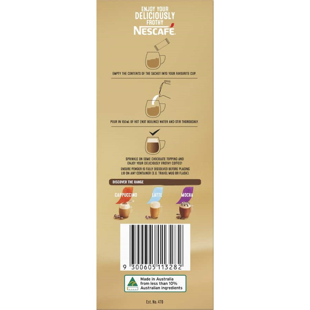 Nescafe Skim Cappuccino sachets pack, featuring 26 servings of creamy coffee with chocolate topping and recyclable packaging.