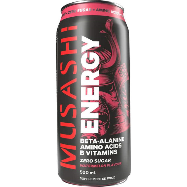 Musashi Energy Drink Watermelon: A refreshing, low-sugar beverage packed with vitamins for hydration and energy boost.