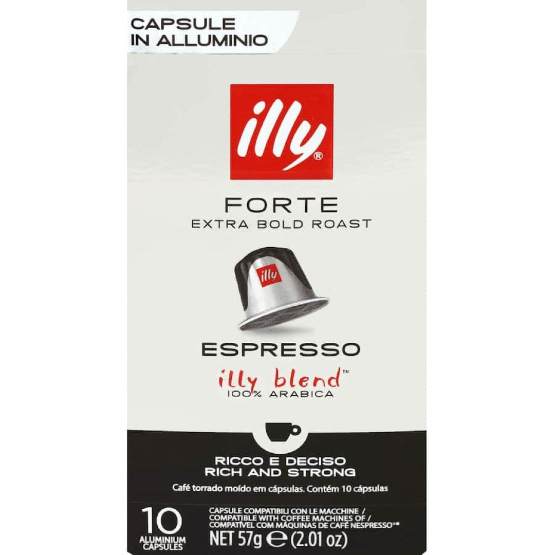 Illy Forte Coffee Capsules: 10-pack of recyclable capsules filled with rich, 100% pure Arabica coffee for Nespresso machines.