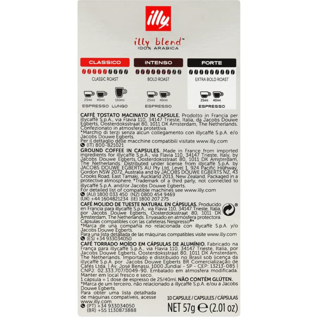 Illy Forte Coffee Capsules: 10-pack of rich, recyclable espresso capsules crafted from 100% pure Arabica beans for Nespresso machines.