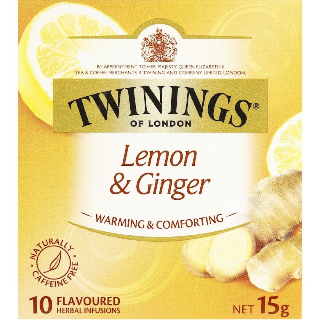 Twinings Infusions Fruit Tea Lemon & Ginger, featuring zesty lemon and warming ginger for a refreshing, revitalizing brew.