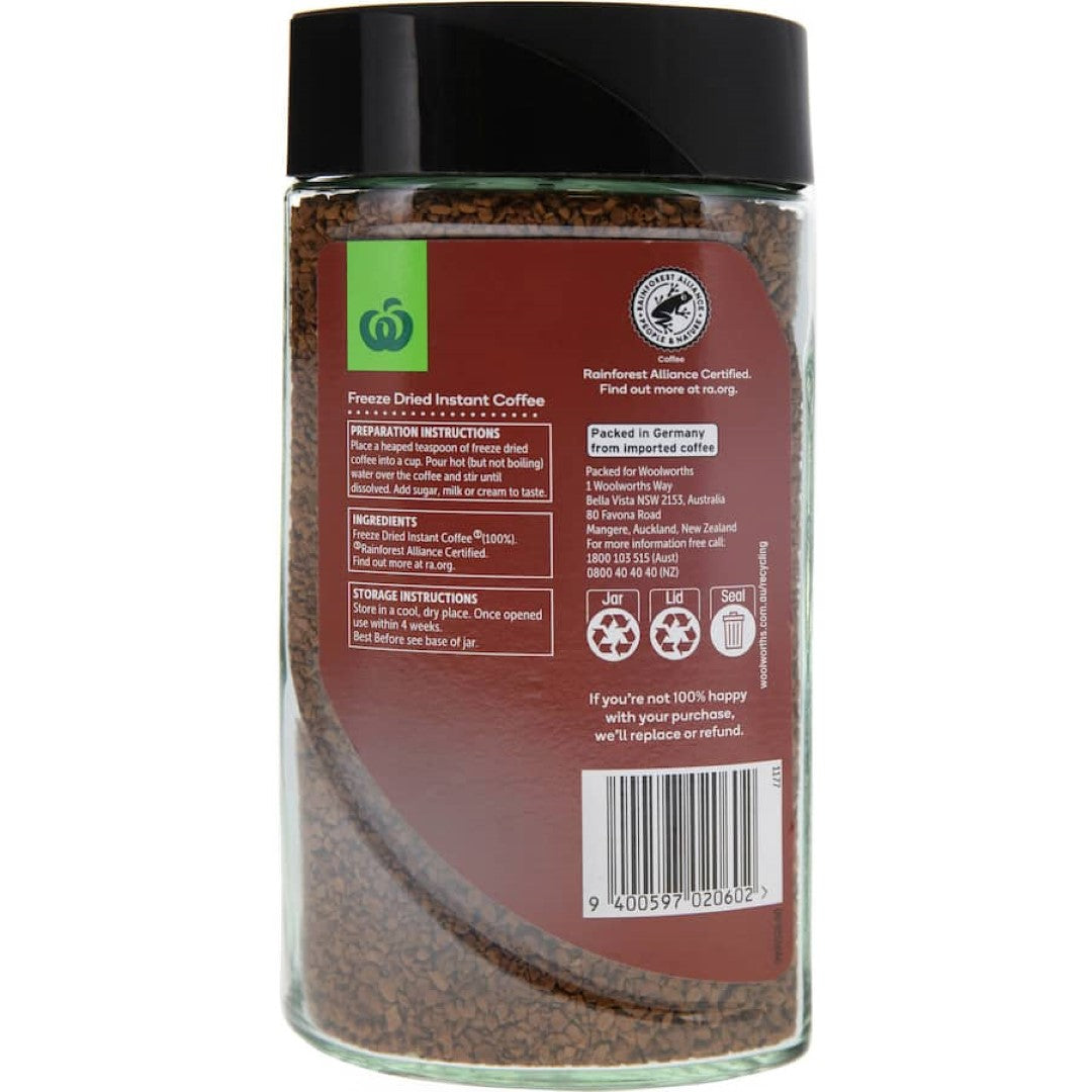 Woolworths Instant Coffee Freeze Dried Original package featuring rich aroma and smooth taste for convenient coffee enjoyment.