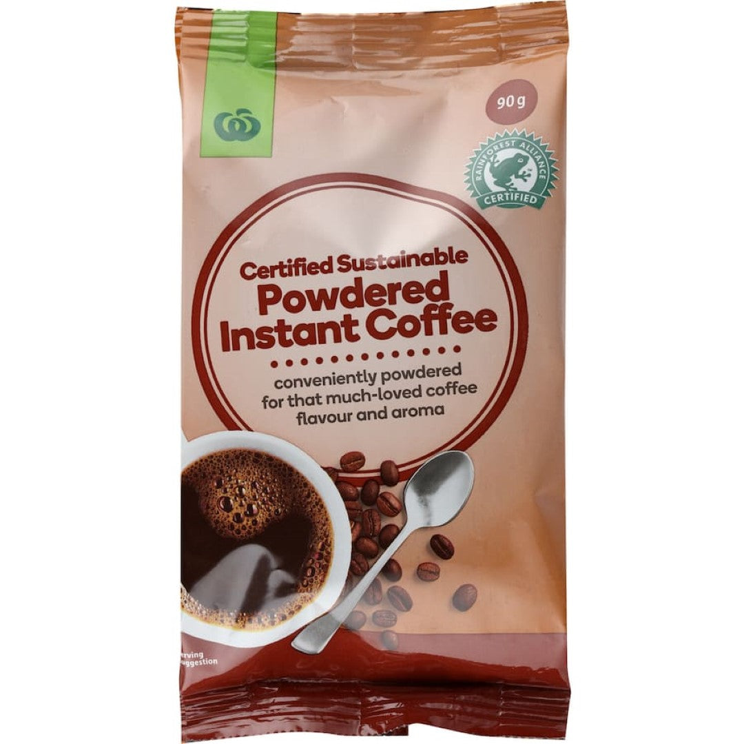 A jar of Woolworths Instant Coffee Powder showcasing rich, aromatic flavor from sustainable Rainforest Alliance Certified beans.