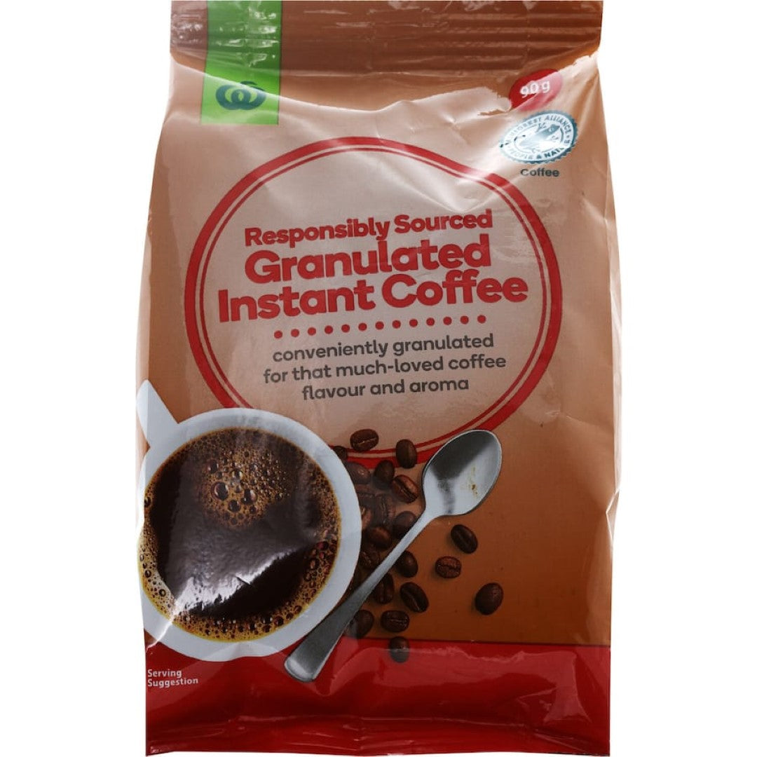 Aromatic Woolworths Instant Coffee Granulated offers rich flavor and sustainability with Rainforest Alliance certified beans.