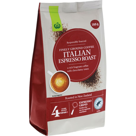 Woolworths Espresso Grind Italian 200g, rich Arabica coffee for bold, smooth espresso, ethical Rainforest Alliance certified.