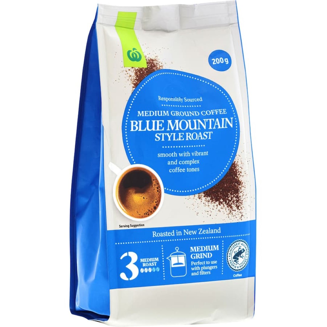 Woolworths Blue Mountain coffee, 200g, offers rich 100% Arabica flavor, sustainably sourced for exceptional taste and aroma.