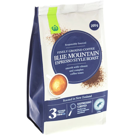 Premium Woolworths Espresso Grind Blue Mountain coffee, made from 100% Arabica beans, offering bold flavor and sustainability.