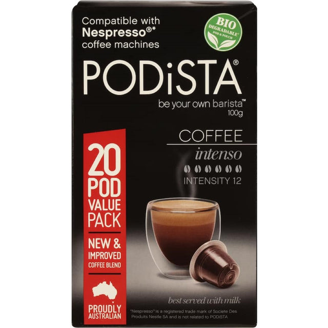 Podista Coffee Pods Intenso 100g, featuring bold Arabica and Robusta blends for a rich, café-quality espresso experience.