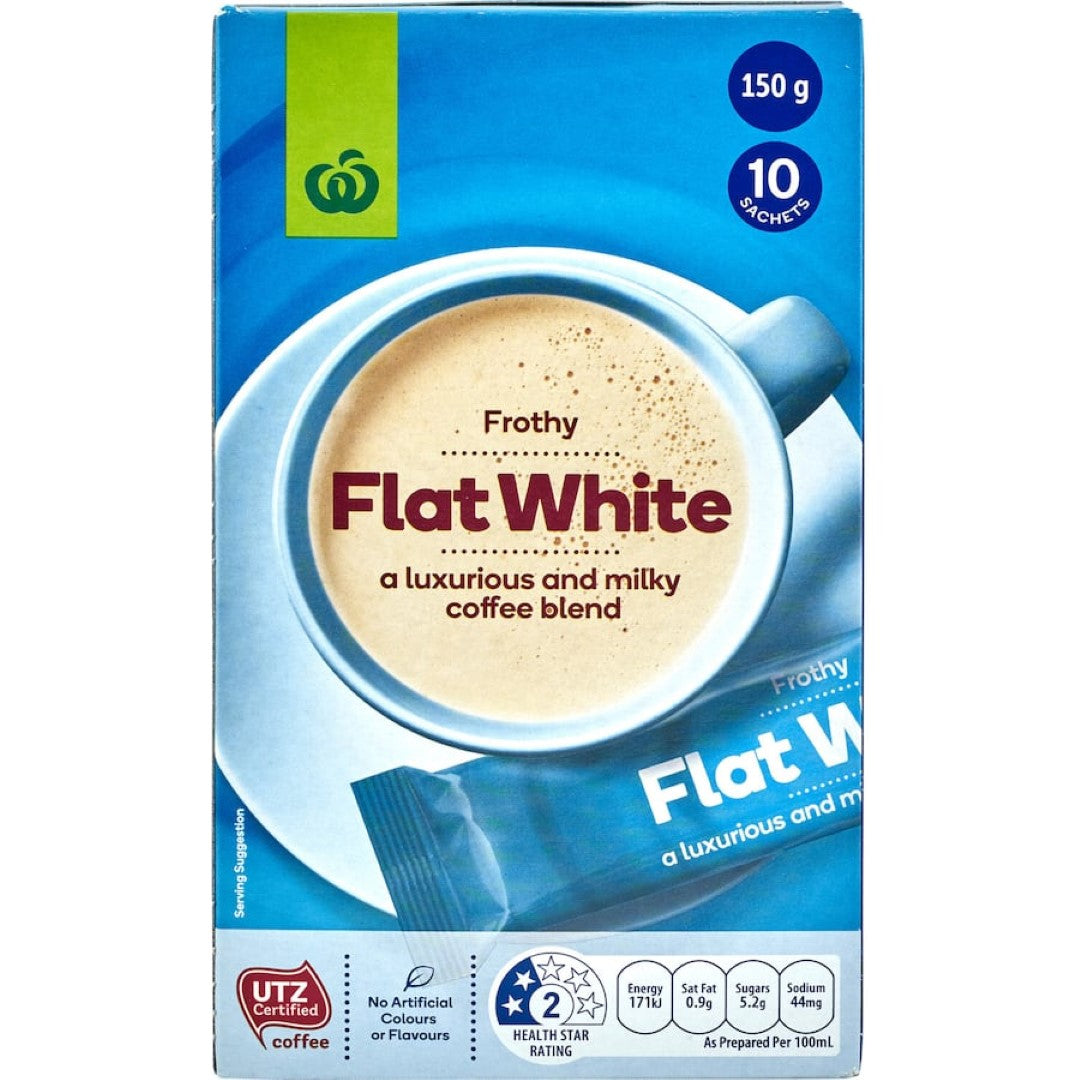 A creamy Woolworths Coffee Mix Flat White, made with premium UTZ-certified beans for a rich and smooth coffee experience.