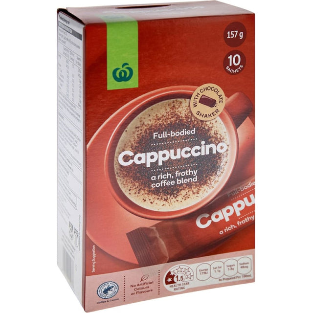 Woolworths Coffee Mix Cappuccino, a rich and frothy blend for indulgent coffee moments, prepared simply with hot water.