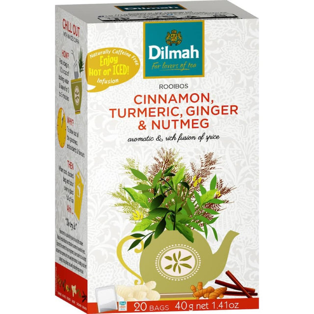 Dilmah Herbal Tea featuring cinnamon, turmeric, and ginger in a box of 20 caffeine-free tea bags for a wellness boost.