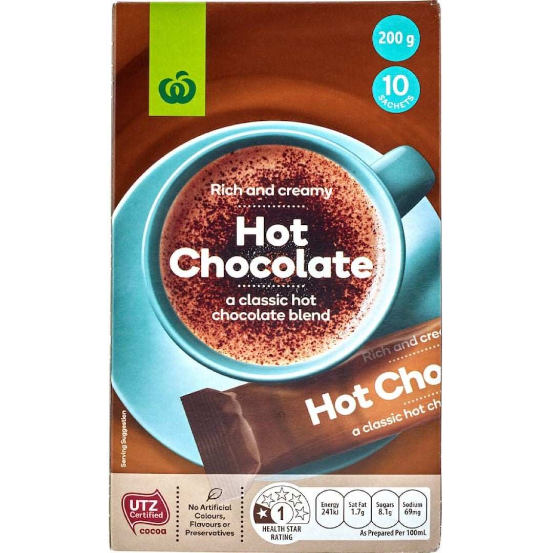 Rich and creamy Woolworths Hot Chocolate sachets for indulgent, guilt-free relaxation without artificial additives.