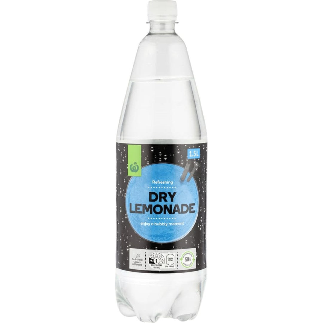 Woolworths Soft Drink Dry Lemonade: crisp, bubbly beverage with zesty flavor, free from artificial colors and flavors.