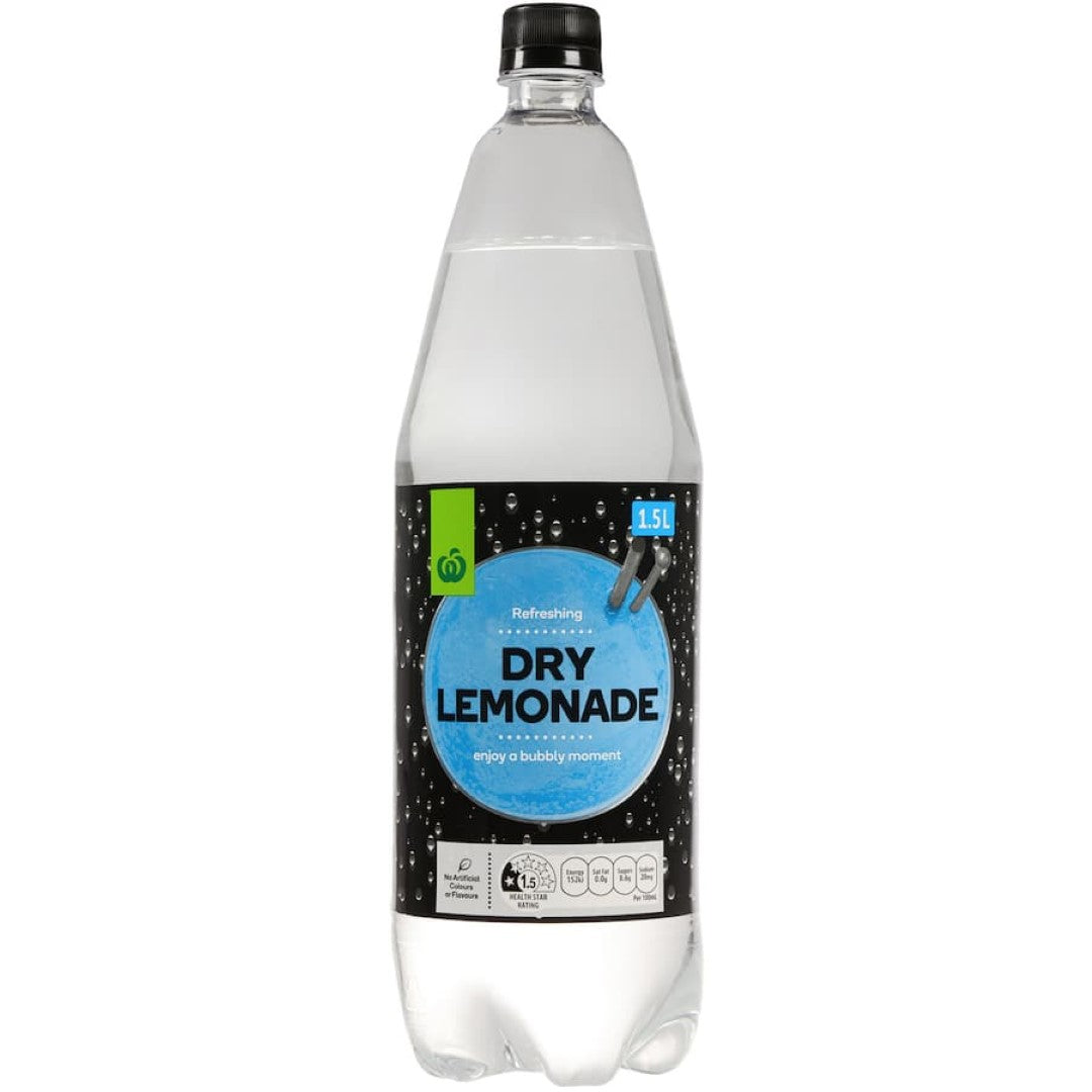 Bubbly Woolworths Soft Drink Dry Lemonade with a zesty flavor, perfect for parties and picnics, free from artificial additives.