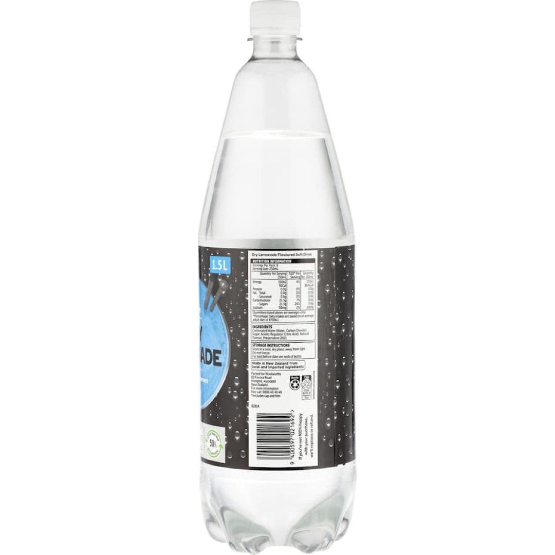 Woolworths Dry Lemonade in a bottle, offering refreshing fizz without artificial colors or flavors for any occasion.