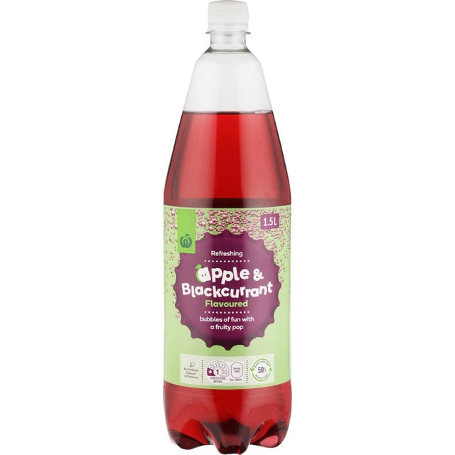 Fizzy Woolworths Soft Drink blending apple and blackcurrant flavors, free from artificial colors or flavors, for refreshing enjoyment.