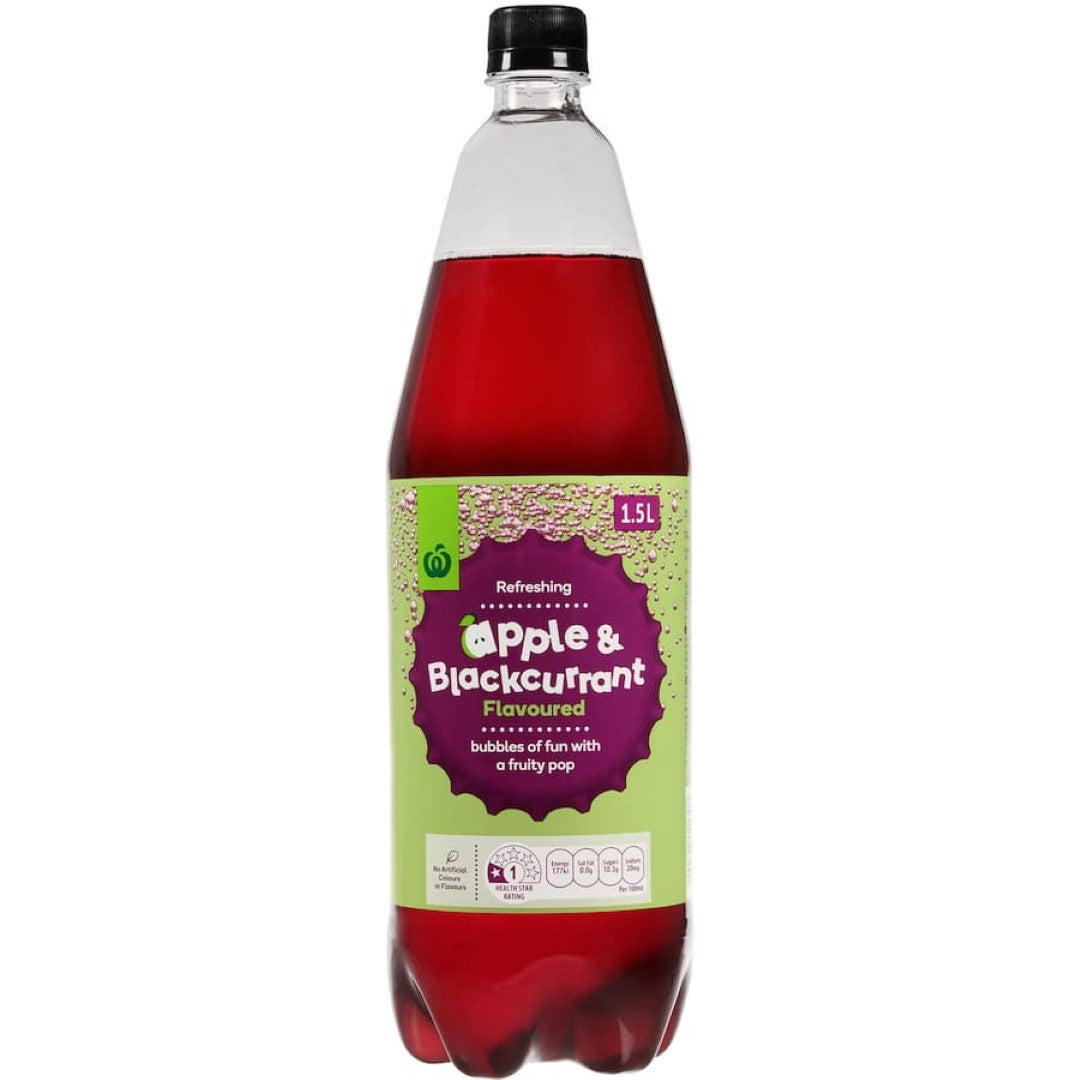 Woolworths Soft Drink Apple & Blackcurrant, a fizzy blend of apple and blackcurrant flavors with no artificial additives.