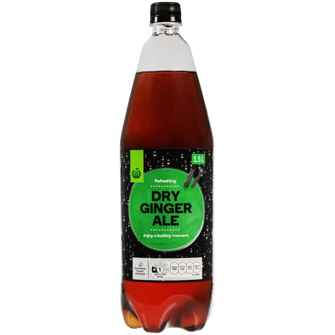 Woolworths Mixers Dry Ginger Ale bottle showcasing crisp, zesty flavor, perfect for mixing or enjoying solo.