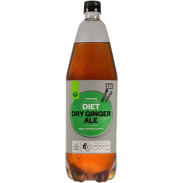 Woolworths Mixers Diet Dry Ginger Ale can - a low-calorie, real ginger essence beverage for guilt-free refreshment and mixing.