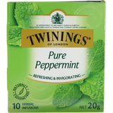 Twinings Peppermint Herbal Tea, a refreshing caffeine-free blend made from aromatic peppermint leaves for a revitalizing experience.