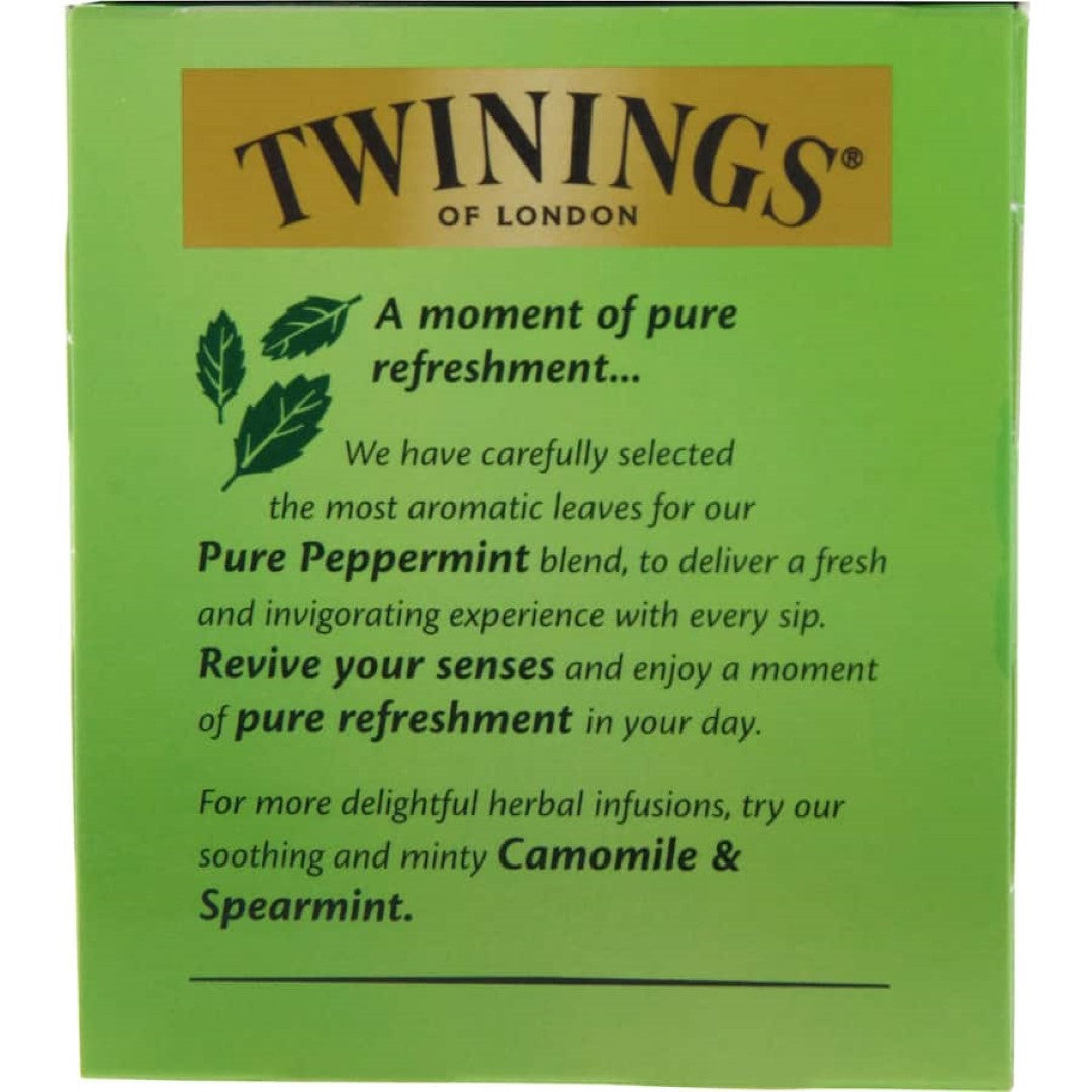 A refreshing cup of Twinings Infusions Herbal Tea featuring hand-selected peppermint leaves for a soothing, caffeine-free experience.