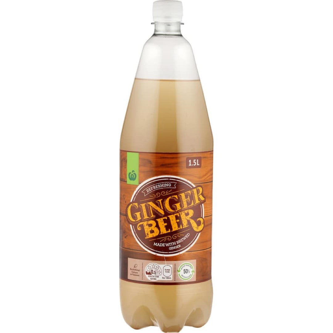 Woolworths Ginger Beer: refreshing, naturally brewed drink with authentic ginger flavor and no artificial ingredients.