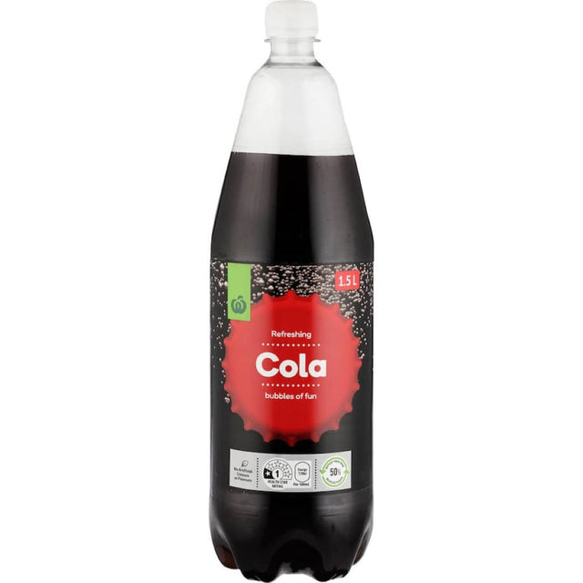 Woolworths Soft Drink Cola in a bottle, showcasing refreshing bubbles and classic cola flavor without artificial colors or flavors.