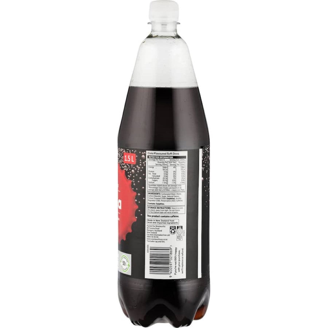 Woolworths Soft Drink Cola, a refreshing soda with classic flavor, no artificial colors or flavors, perfect for any occasion.