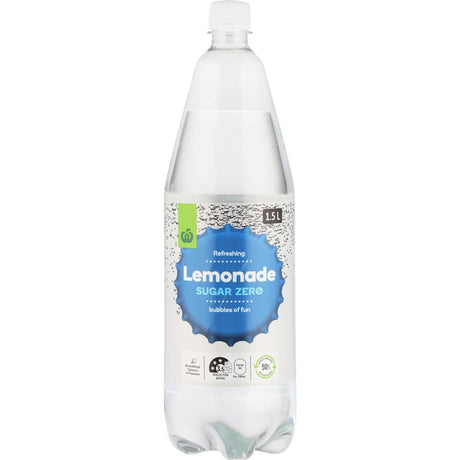 Crisp Woolworths lemonade with zero sugar, featuring zesty citrus flavor and no artificial colors or flavors.