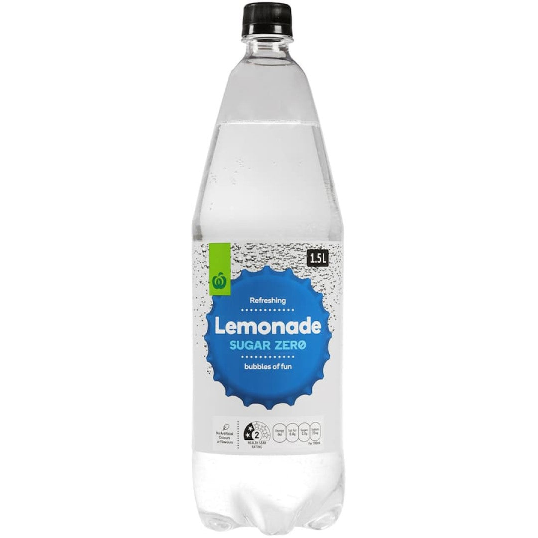 Woolworths Zero Sugar Lemonade, a refreshing fizzy drink with zesty flavor and no artificial colors or flavors.