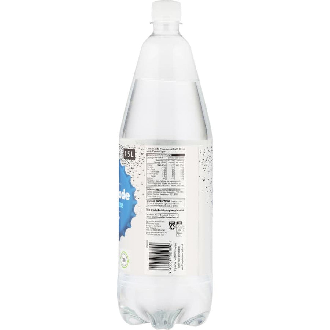 Woolworths Lemonade Zero Sugar, a crisp, bubbly drink with zesty flavor, perfect for guilt-free refreshment.