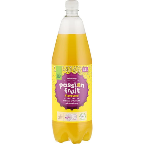 A can of Woolworths Soft Drink Passionfruit, featuring bright design and refreshing tropical flavor without artificial additives.