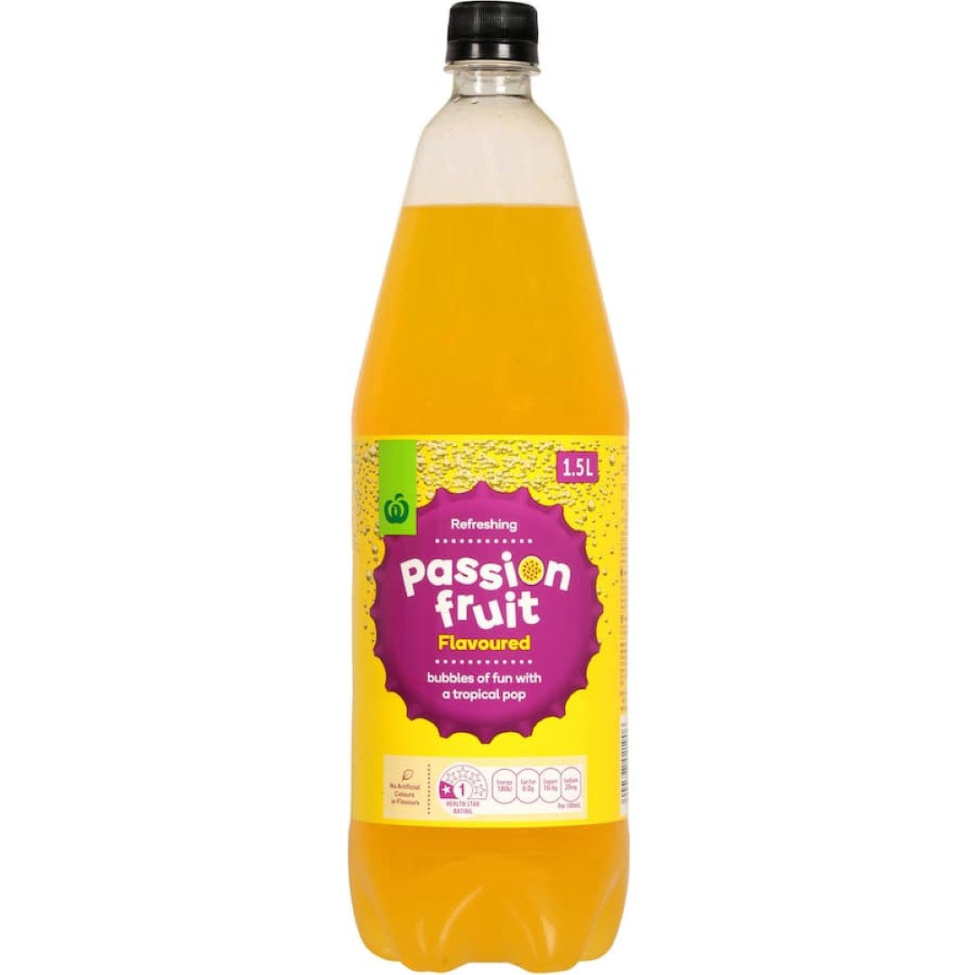 Sparkling Woolworths Soft Drink with refreshing passionfruit flavor, perfect for parties and relaxing at home.