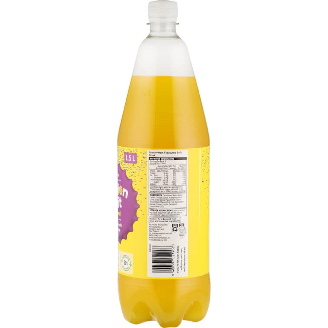 Woolworths Soft Drink Passionfruit can featuring vibrant tropical design, representing refreshing passionfruit flavor.