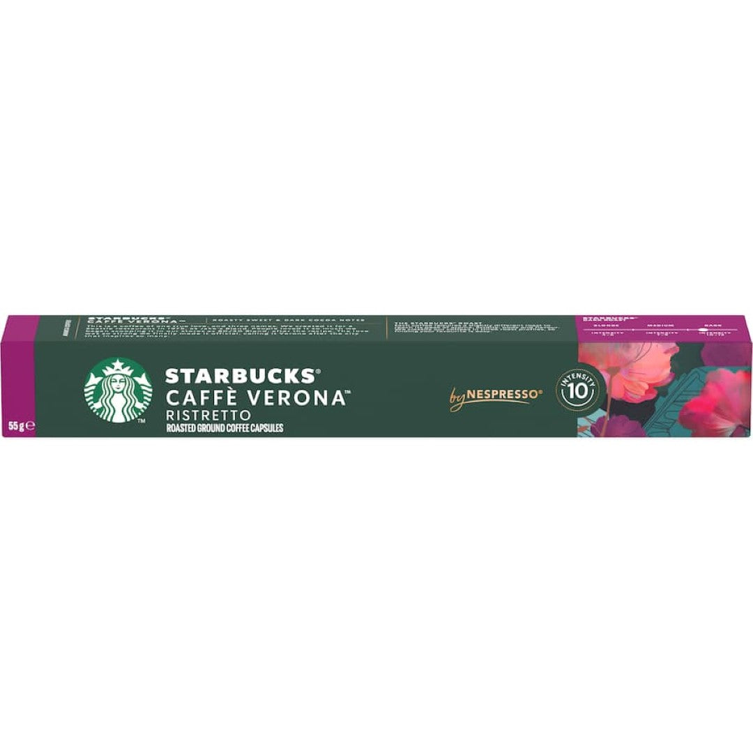 Starbucks Caffe Verona coffee pods, dark roast with rich cocoa notes, perfect for Nespresso machines. Enjoy café-quality coffee at home.