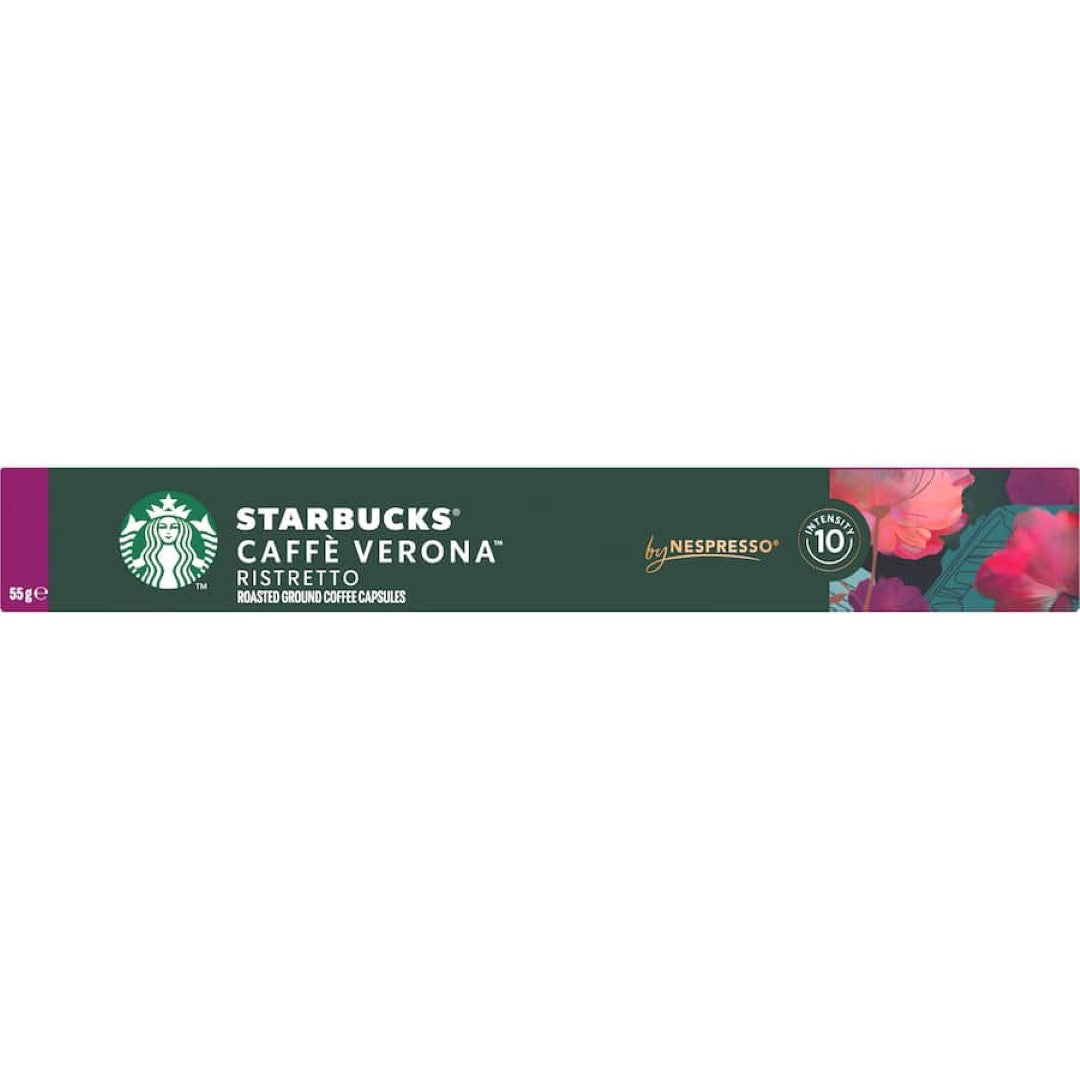 Starbucks Caffe Verona coffee pods in a 10-pack feature dark roast with rich cocoa notes for a bold, café-quality experience.