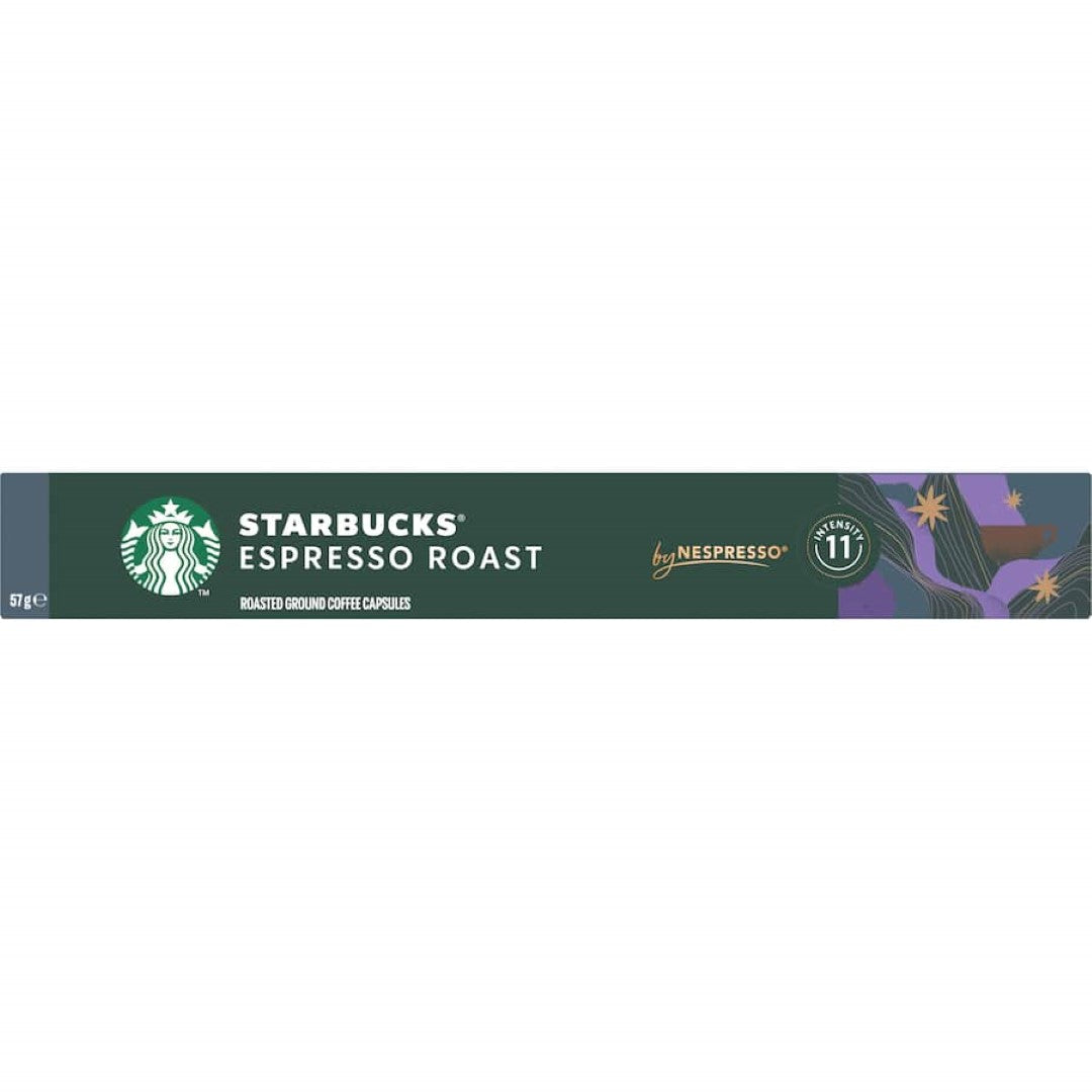 Starbucks By Nespresso Espresso Roast coffee pods, dark roast with bold flavors and caramelly sweetness, 10-pack for home brewing.