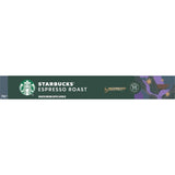 Starbucks By Nespresso Espresso Roast coffee pods, dark roast with bold flavors and caramelly sweetness, 10-pack for home brewing.