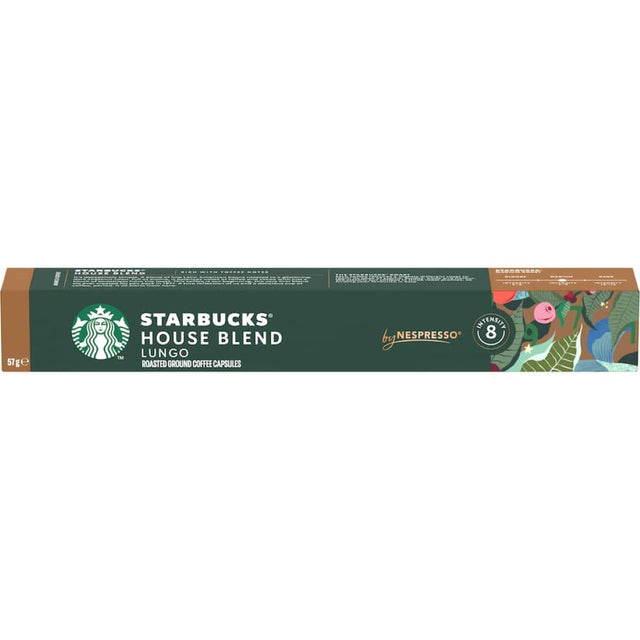 Nespresso-compatible Starbucks House Blend coffee pods featuring rich Latin American beans in a medium roast with nutty, cocoa notes.