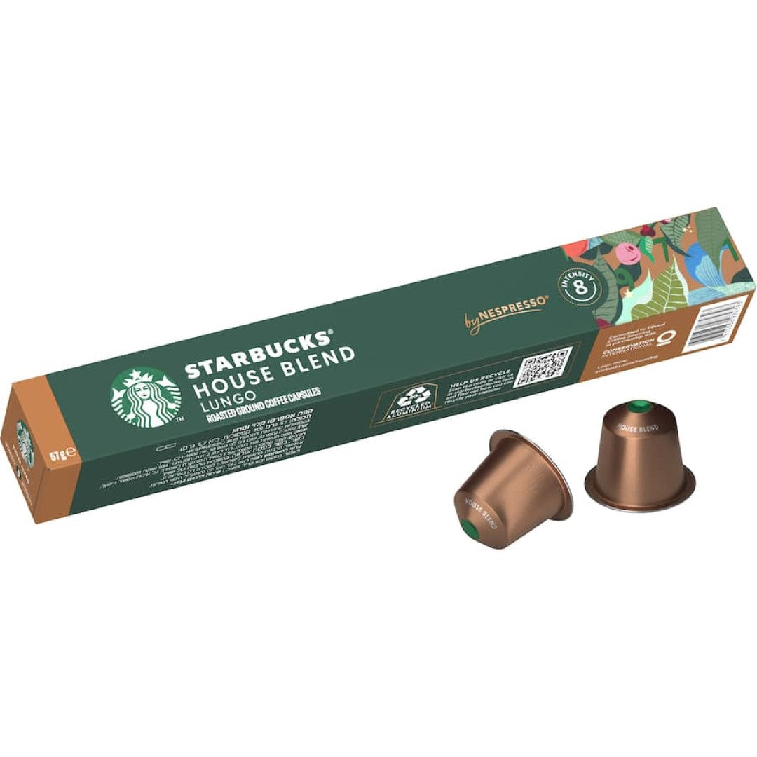 Starbucks House Blend coffee pods featuring medium roast Latin American beans with nutty and cocoa undertones.