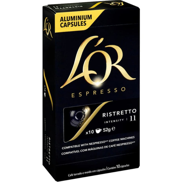 L'or Espresso Ristretto Intensity 11 capsules in aluminum for a rich coffee experience, compatible with Nespresso® machines.