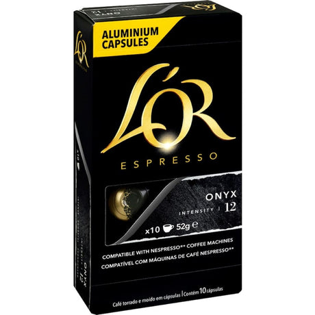 L'Or Espresso Onyx capsules offer intense dark coffee flavors in recyclable aluminum pods, compatible with Nespresso machines.