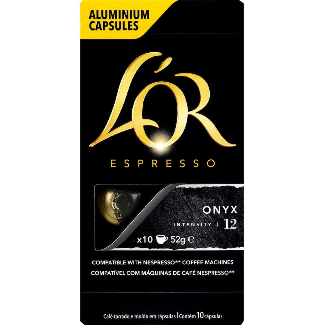 L'Or Espresso Onyx capsules, intensity 12, offer bold flavors of dark roasted coffee with cocoa hints, compatible with Nespresso.