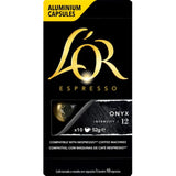 L'Or Espresso Onyx capsules, intensity 12, offer bold flavors of dark roasted coffee with cocoa hints, compatible with Nespresso.