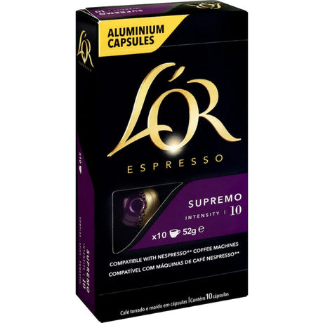 L'or Espresso Coffee Capsules Supremo Intensity 10: Intense flavor with dark chocolate and nut notes, compatible with Nespresso machines.