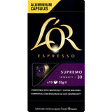 L'or Espresso Supremo Intensity 10 capsules, aluminium pods for Nespresso, delivering rich, intense coffee with a complex flavor.